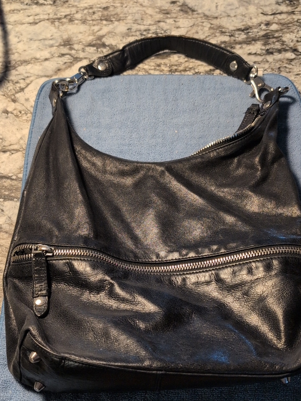 HOBO Black Leather Shoulder Hobo Bag with Silver Hardware